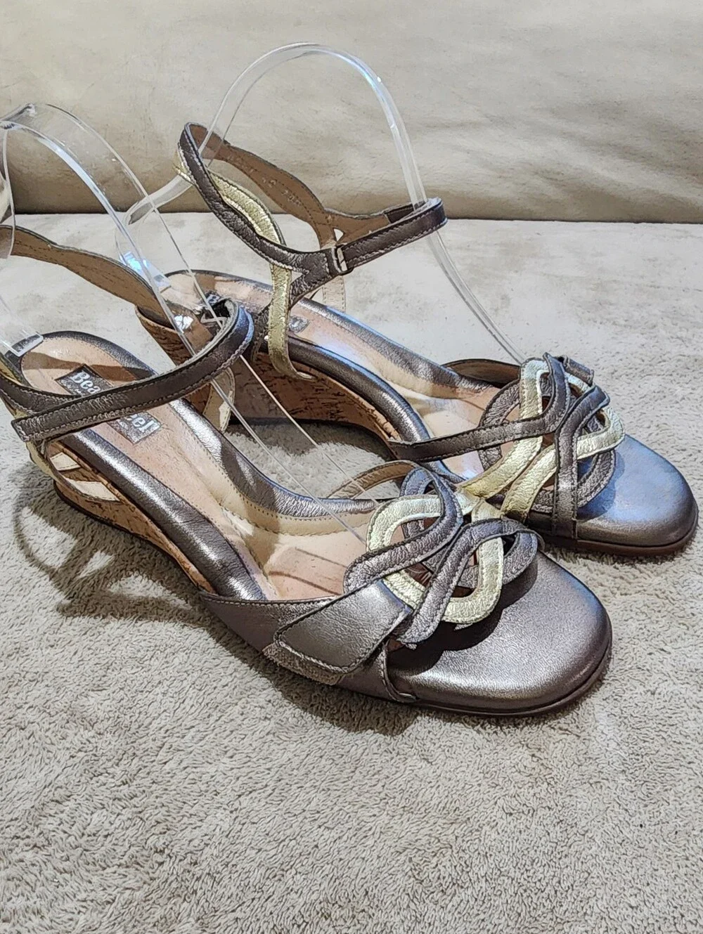 New Condition Metallic Braided Cork Wedge Sandals - Bronze/Taupe